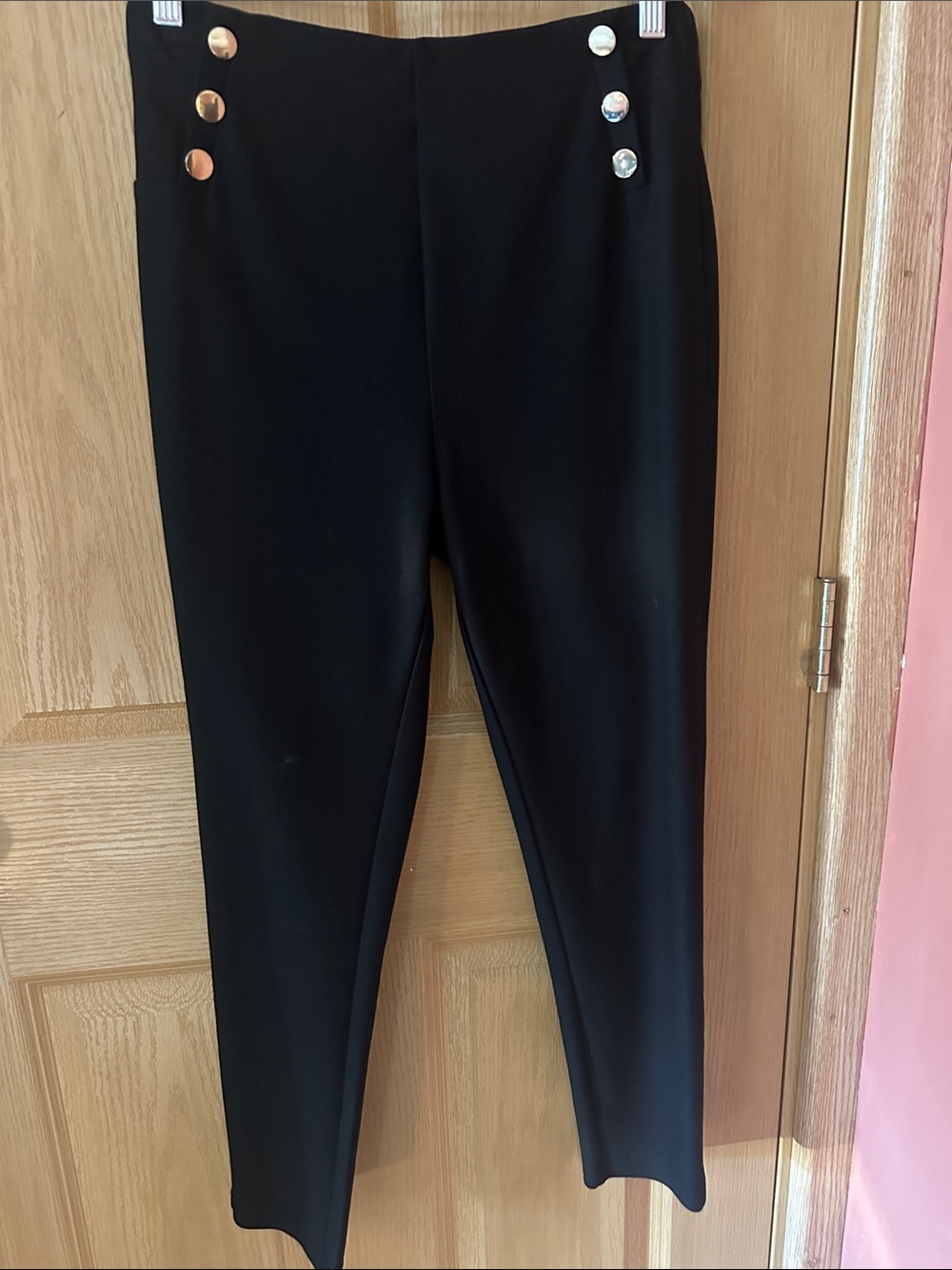 Black High-Waist Ponte Pants with Decorative Buttons
